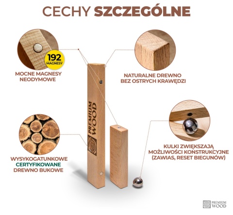 Drewniane klocki konstrukcyjne - magnetyczne z kulkami stalowymi